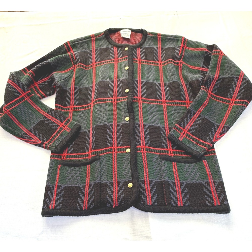 Vintage‎ Liz Baker Large Tall Plaid Sweater Cardigan 90s Preppy